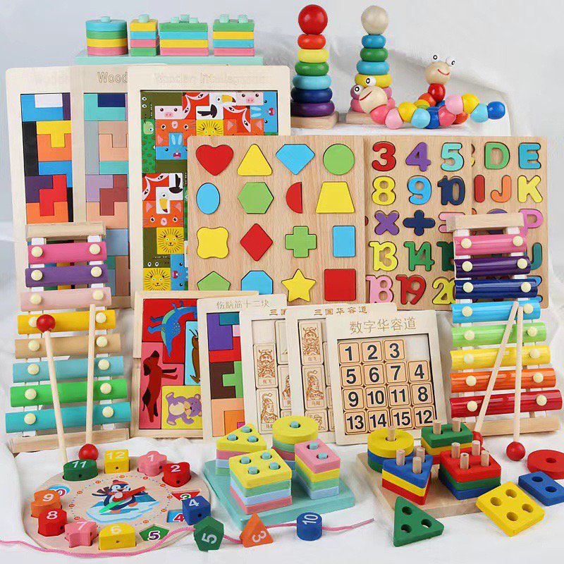 Wooden Geometric Shape Sorting Board, Educational Stacking Blocks Puzzle, Montessori Learning Toy for Toddlers